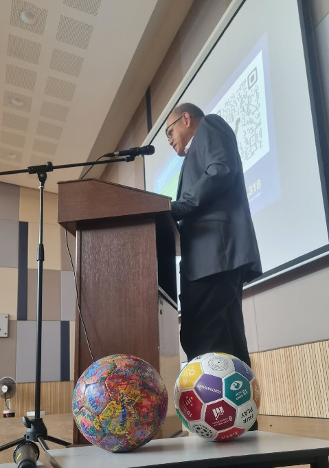 Prof. Dato' Dr. Ikram Shahbin Ismail welcoming The Ball to MAHSA University
